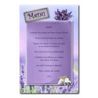 carte de menu violet et vert avec lavande