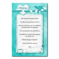 carte de menu fond turquoise avec petit coeur blanc et bleu