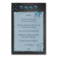 carte de menu perles et ruban gris foncé et bleu