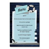carte de menu bouée marine sur fond bleu avec mouette